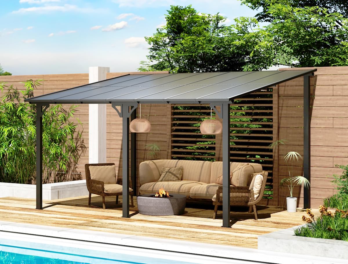 U-MAX 10' x 14' Outdoor Pergola Gazebo, Wall-Mounted Lean to Metal Awnings Gazebos on Clearance for Patio, Large Panel Roof Pergolas and Gazebo for Outdoor Use - WoodArtSupply