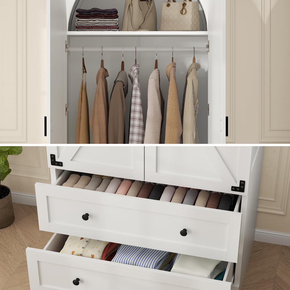 Gyfimoie 74.8" White Armoire Wardrobe Closet with 2 Drawers and 2 Doors, Tall Bedroom Freestanding Armoire Storage Cabinet with Shelves, Wood Large Wardrobe Combination for Hanging Clothes (White) Gyfimoie