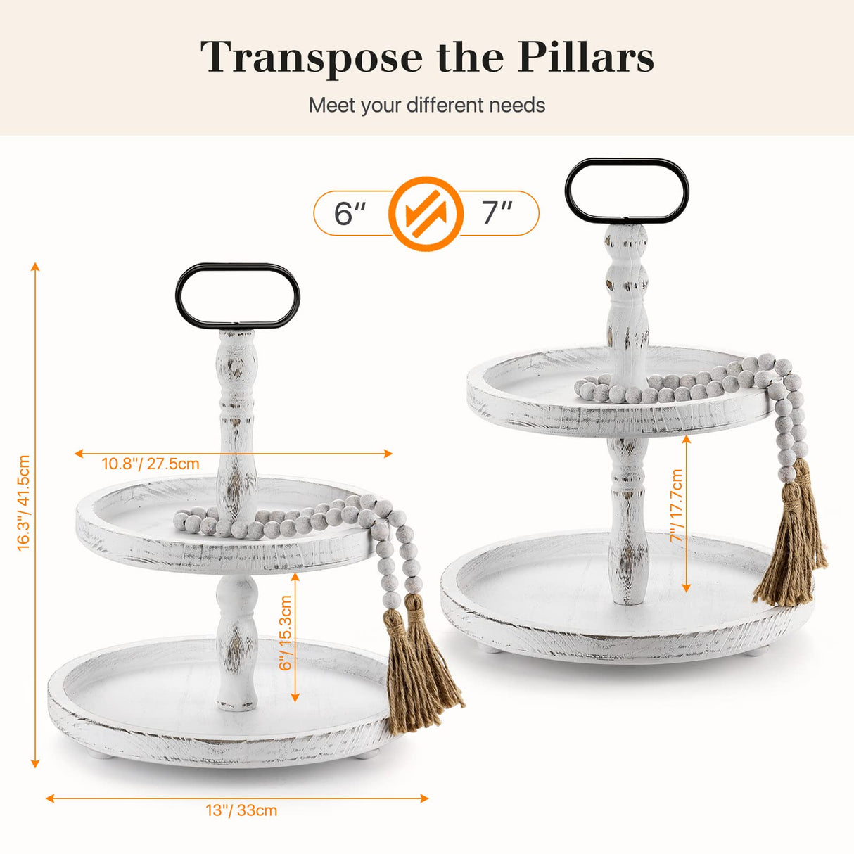 Luxspire Tiered Tray Stand, 2 Tiered Tray Decor with Wooden Beads Garland, Farmhouse Decorative Tray, 2 Tier Serving Tray for Coffee Bar Kitchen Island, Christmas Decor, Rustic White Luxspire