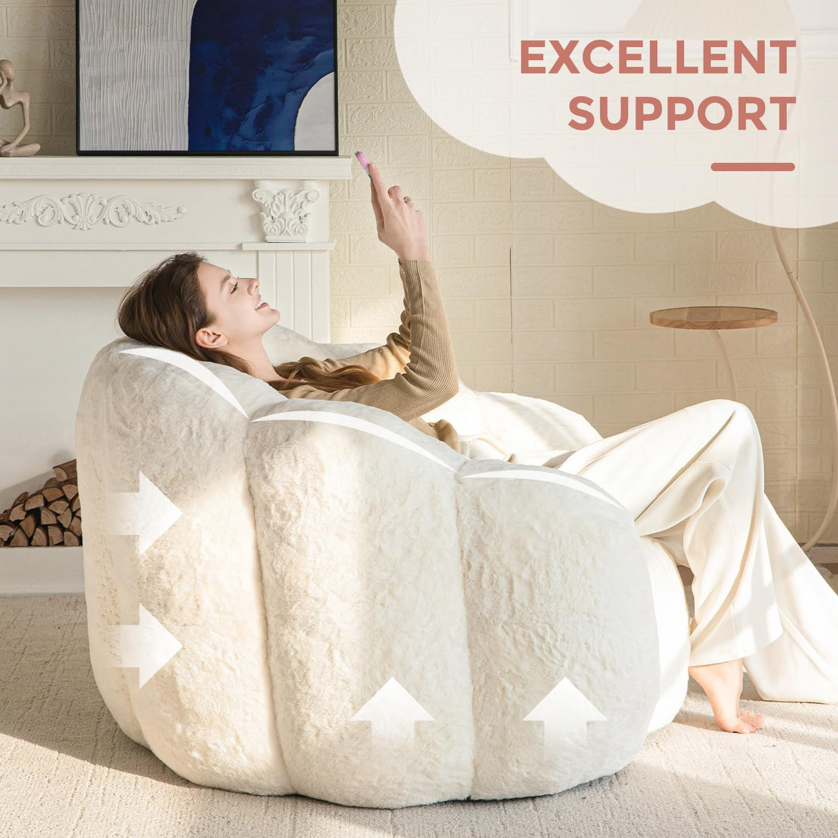 MAXYOYO Bean Bag Chair for Adults, Floral Shaped Bean Bag Sofa, Ultra Soft Faux Fur Floor Sofa, Large Reading Chair for Living Room Bedroom, Beige, Single MAXYOYO