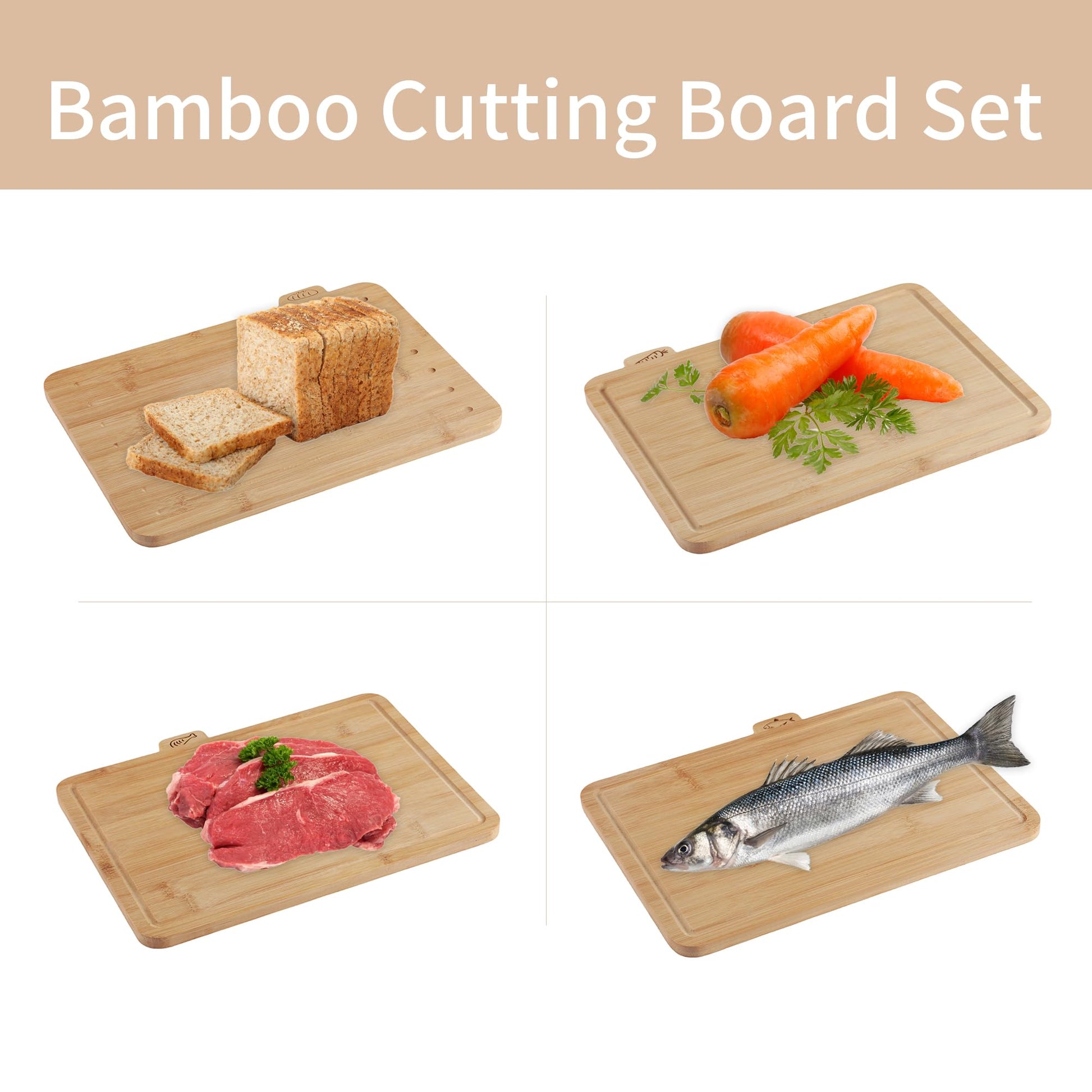 Fiery Chef Bamboo Cutting Board Set of 4 - Wood Cutting Board Set with Holder, Chopping Boards Set with Food Icons, Juice Groove - Ideal for Meat, Fish, Bread, Vegetable, Fruit Chopping - WoodArtSupply