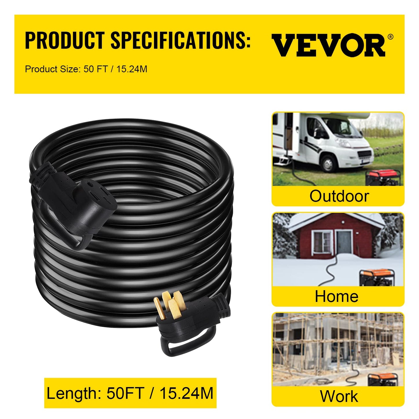 VEVOR 50 FT 50 Amp RV Extension Cord NEMA N14-50P to N14-50R, 125 / 250V Heavy Duty STW 6/3+ 8/1 RV Power Cord, for EV Charging and RV Trailer Campers - WoodArtSupply