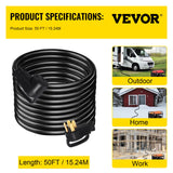 VEVOR 50 FT 50 Amp RV Extension Cord NEMA N14-50P to N14-50R, 125 / 250V Heavy Duty STW 6/3+ 8/1 RV Power Cord, for EV Charging and RV Trailer Campers VEVOR