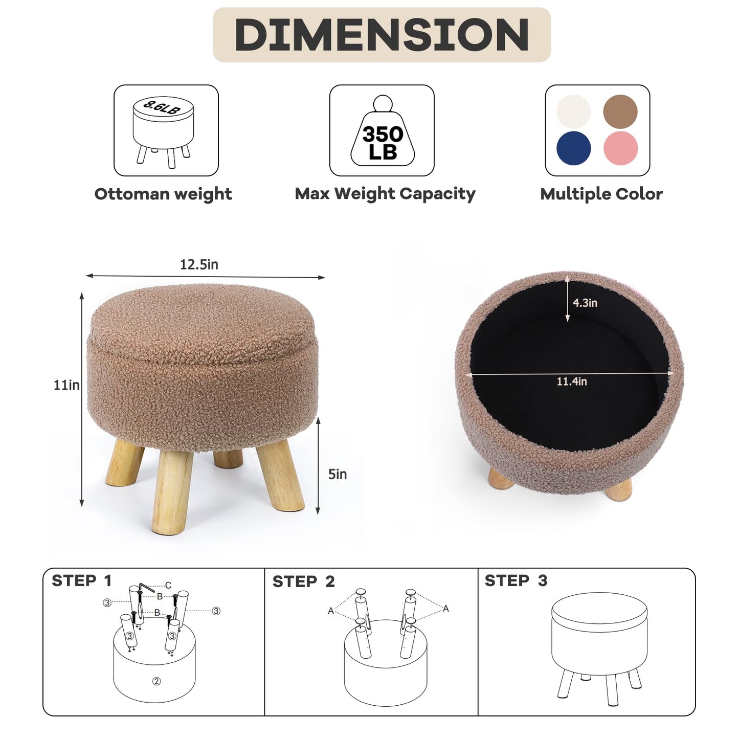 OGEMXU Storage Ottoman, Round Small Ottoman with Storage, Teddy Velvet Foot Stool with Wood Legs, Foot Rest for Chair, Soft Sponge Footstool for Living Room, Couch, Bedroom (Camel Brown)