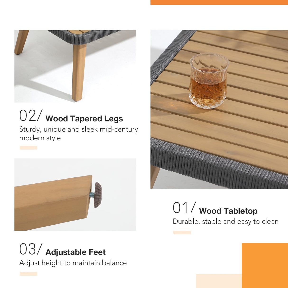 Patiorama 4 Piece Patio Furniture Set, Outdoor FSC Certified Acacia Wood Conversation Set, All-Weather Rope Sofa Set w/Coffee Table, Loveseat, Modern Deep Seating Set for Lawn Balcony Poolside, Cream Patiorama