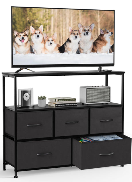 DUMOS TV Stand Dresser for Bedroom Entertainment Center with 5 Fabric Drawers Storage Organizers Units, Media Console Table with Open Shelf up for 45" Television for Living Room, Dorm, Classic Black DUMOS