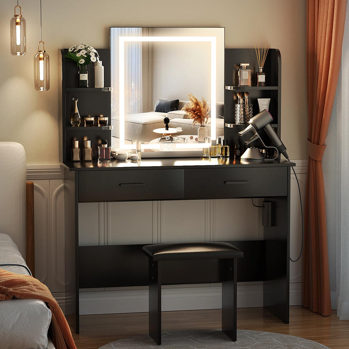 SMOOL Vanity with Lighted Mirror, Makeup Vanity Desk with Power Outlet, 3 Color Light Options Adjustable Brightness, Vanity Table with 6 Storage Shelves, 2 Large Drawers and Cushioned Stool, Black SMOOL