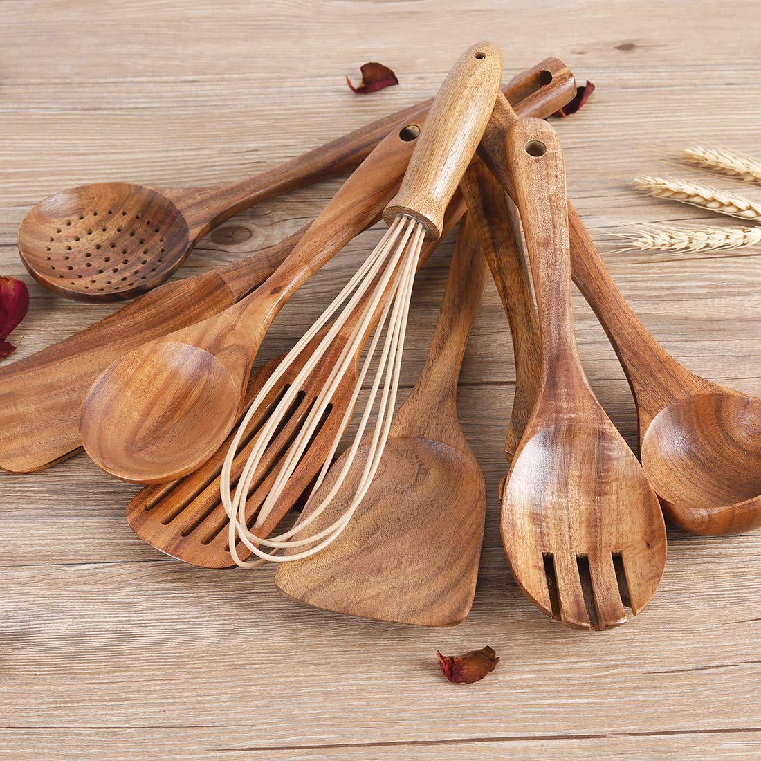 Kitchen Utenails Set with Holder,Kitchen Wooden Utensils for Cooking, Wood Utensil Natural Teak Wood Spoons for Cooking,Wooden Kitchen Utensil Set With Spatula and Ladle (11) AIUHI