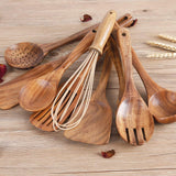 Kitchen Utenails Set with Holder,Kitchen Wooden Utensils for Cooking, Wood Utensil Natural Teak Wood Spoons for Cooking,Wooden Kitchen Utensil Set With Spatula and Ladle (11) AIUHI
