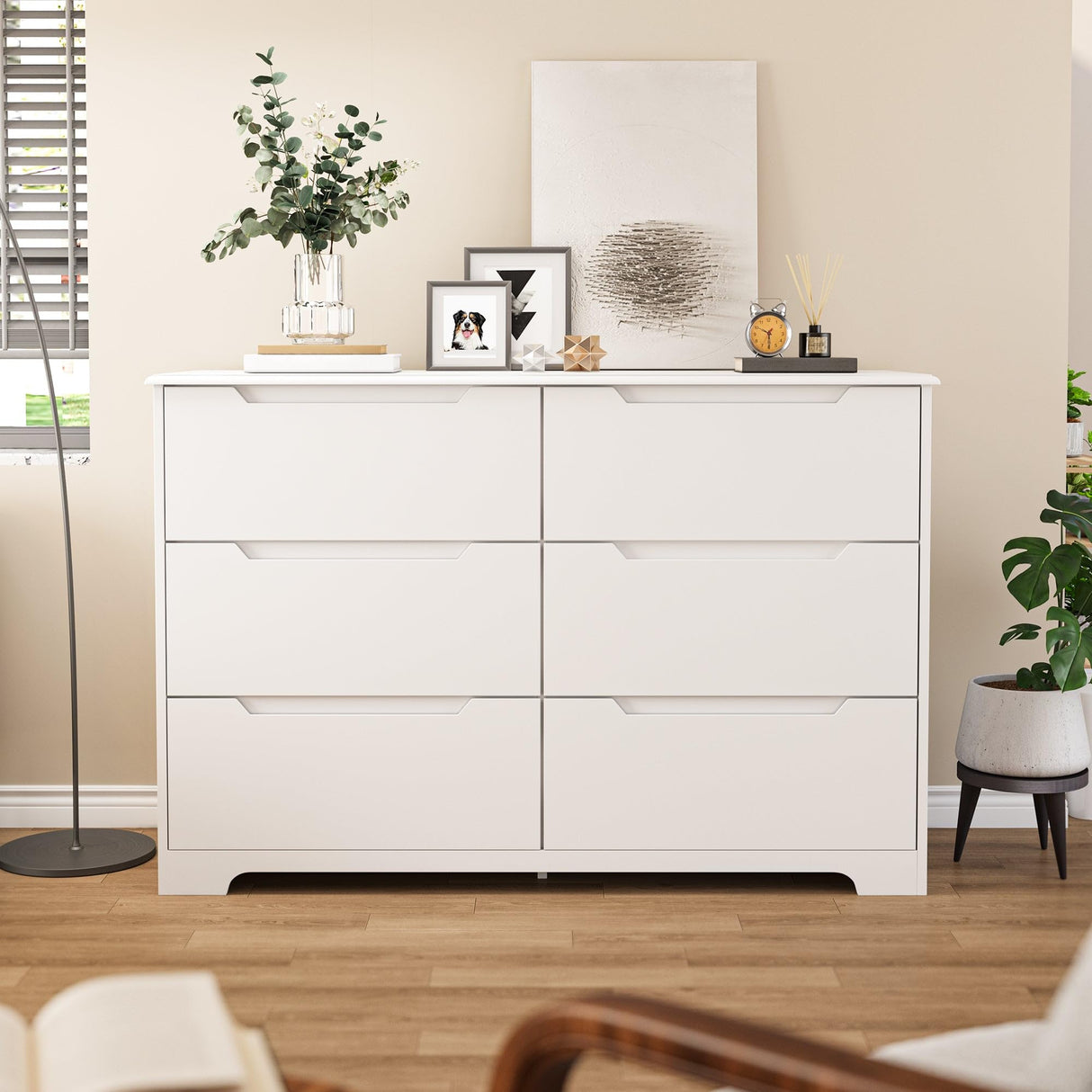 Gizoon 6 Drawer Double Dresser for Bedroom with Anti-Tip Design, Modern Wide Wooden Chest of Drawers with Cut-Out Handles, Closet Storage Organizer and TV Stand for Living Room, Hallway, Entryway Gizoon