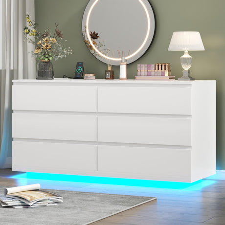 Gyfimoie 6 Drawer Dresser with Power Outlet, Floating White Dresser Chest of Drawer with LED Light,Modern Double Wide Drawer Organizer Cabinet for Bedroom,Living Room (White) Gyfimoie