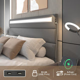 Benevika Queen Size Bed Frame with Charging Station and LED Lights, Modern Upholstered Bed Frame with Headboard, Linen Fabric Beds, Wood Slats, No Box Spring Needed, Easy Assembly, No Noise, Grey Benevika