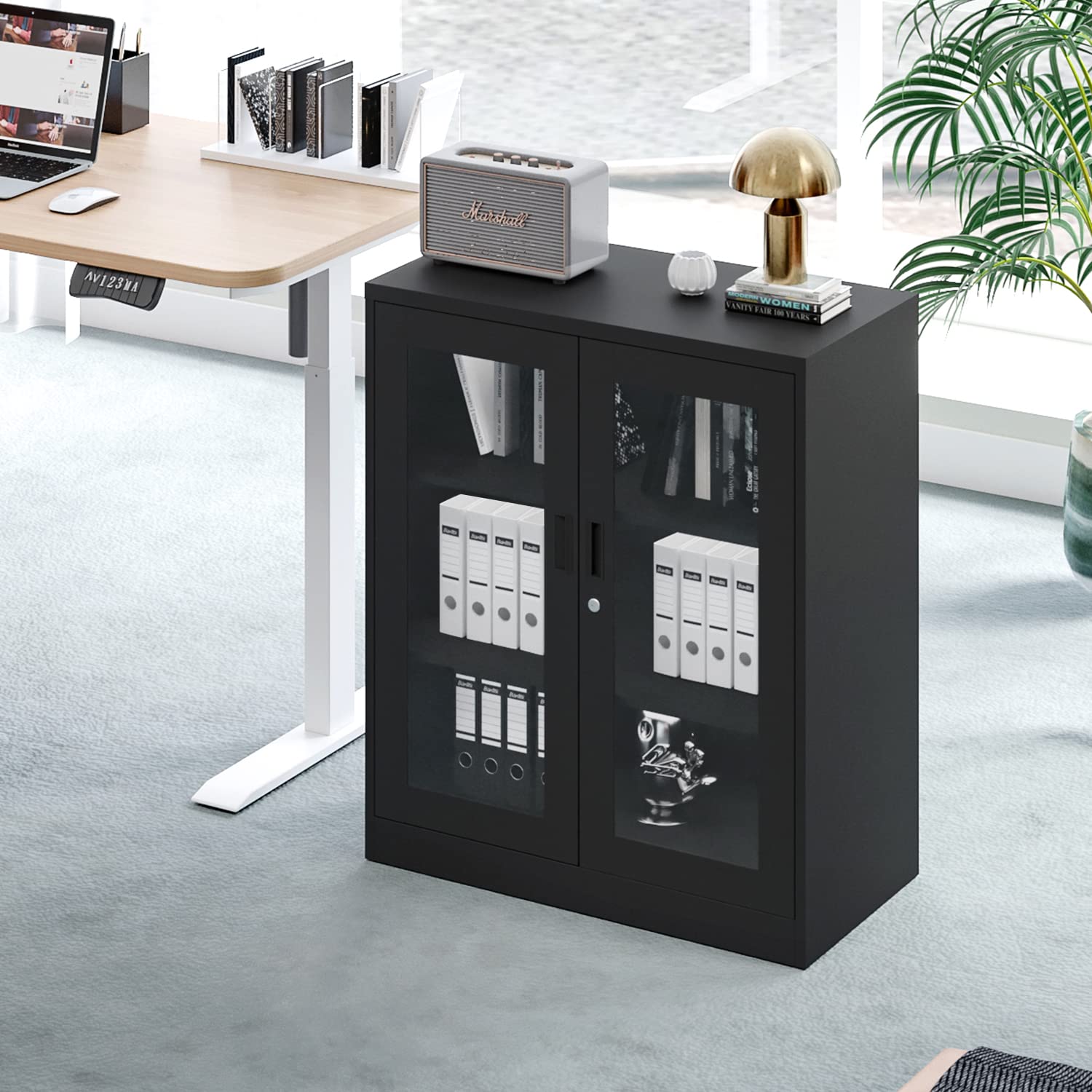 Yizosh Metal Storage Cabinet with Glass Doors - 35.4" Locking Display Cabinet with 2 Adjustable Shelves, 3-Tier Steel Cabinet Locker for Home Office, Living Room, Bedroom (Black) - WoodArtSupply