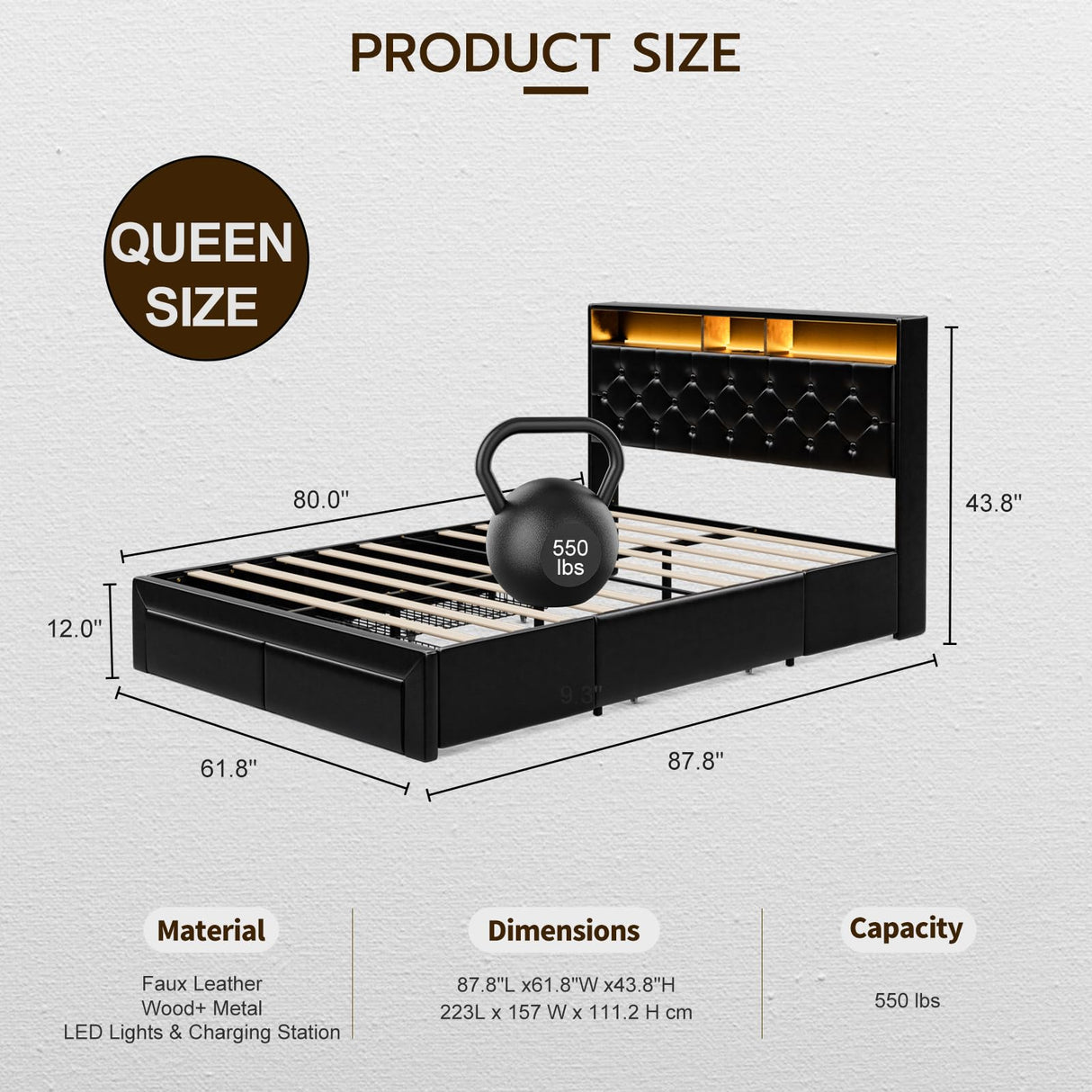 IKIFLY Queen Bed Frame with 4 Drawers, Storage Headboard, LED Lights & Charging Station in Black IKIFLY