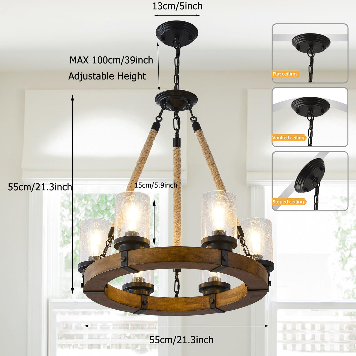 Farmhouse Wagon Wheel Chandelier 6-Light, Round Wood Chandelier with Seeded Glass Shade, Rustic Wood Chandeliers Hanging Pendant Light for Dining Room Living Room Kitchen Foye TEINIE