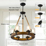 Farmhouse Wagon Wheel Chandelier 6-Light, Round Wood Chandelier with Seeded Glass Shade, Rustic Wood Chandeliers Hanging Pendant Light for Dining Room Living Room Kitchen Foye TEINIE