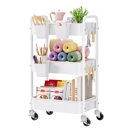 3 Tier Rolling Cart Metal with Wheels, White Three Tiered Craft Cart Organizer on Wheels, Storage Utility Carts for Art, Baby Nursery,Diaper Caddy, Cleaning Supplies, Nail,Lash,Snack,Book,Roller Shelf Aofure