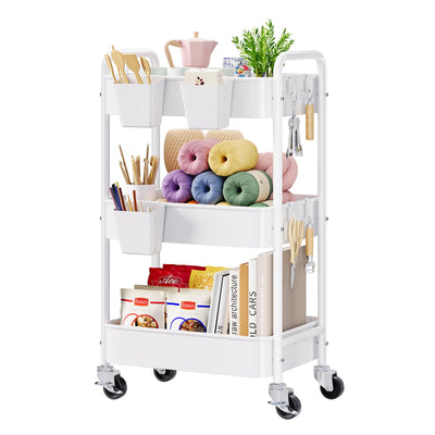 3 Tier Rolling Cart Metal with Wheels, White Three Tiered Craft Cart Organizer on Wheels, Storage Utility Carts for Art, Baby Nursery,Diaper Caddy, Cleaning Supplies, Nail,Lash,Snack,Book,Roller Shelf