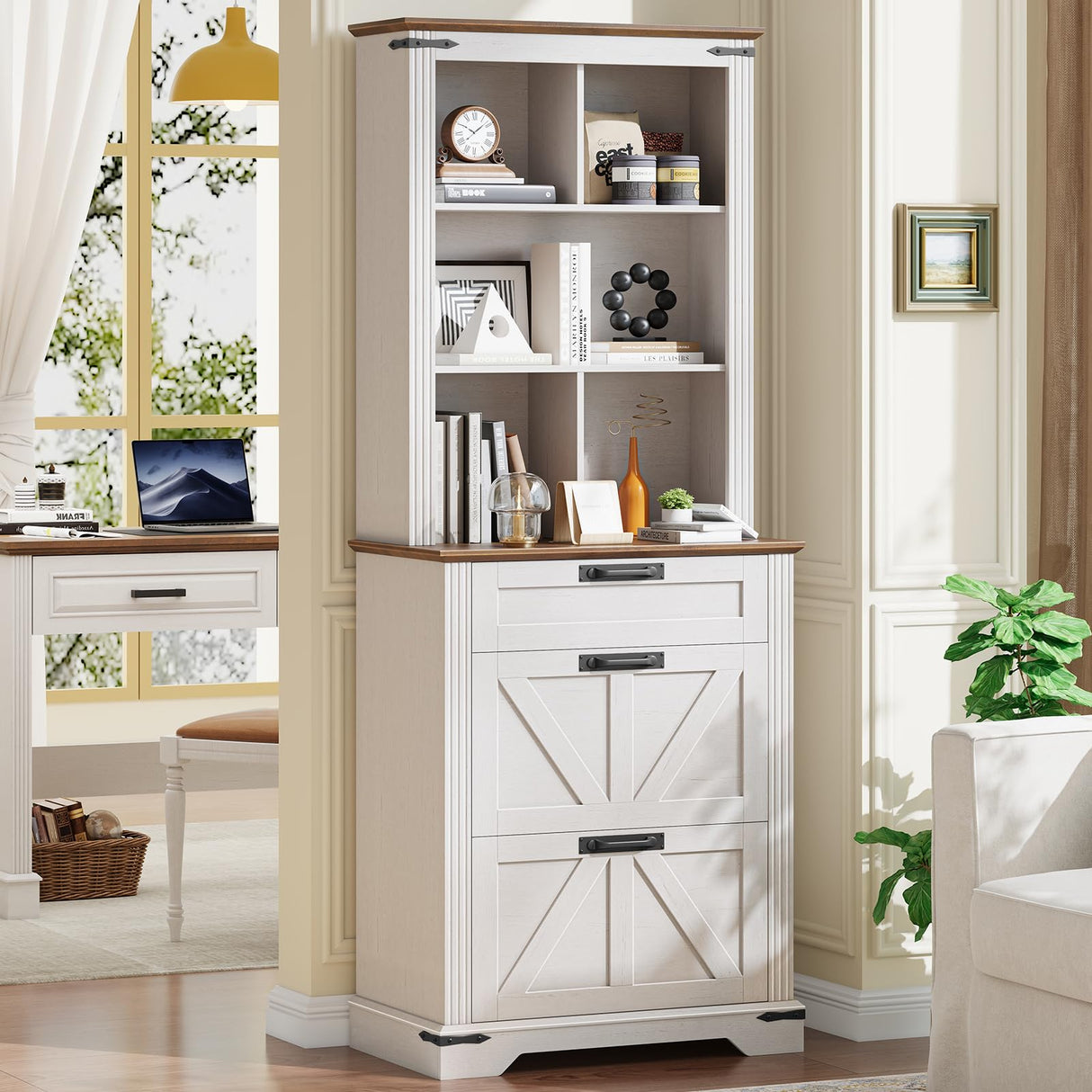 Halitaa 70" Tall Bookshelf, 3-Tier Floor Standing Bookcase with Drawers, Rustic White Farmhouse Book Shelf Wooden Display Organizer for Home Office, Living Room, Bedroom Halitaa