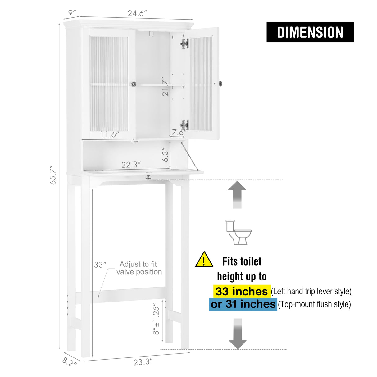 Spirich Over The Toilet Storage Cabinet with Muro Glass Doors, Over Toilet Bathroom Organizer with Tilt-Out Cube and Adjustable Shelf, White Spirich