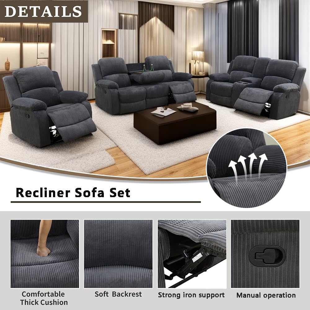 A Ainehome Living Room Furniture Set Recliner Sofa Set Loveseat Chair Furniture Sofa Set Grey Corduroy for Living Room/Rv/House/Theater Seating (A-Dark Grey Corduroy, 3 piece set) - WoodArtSupply