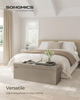 SONGMICS MAZIE Collection - 43 Inches Storage Ottoman Bench with Flipping Lid, Storage Chest with Iron Frame Support, Load 660 lb, for Living Room, Bedroom, Synthetic Leather, Camel Brown ULSF075K03 SONGMICS