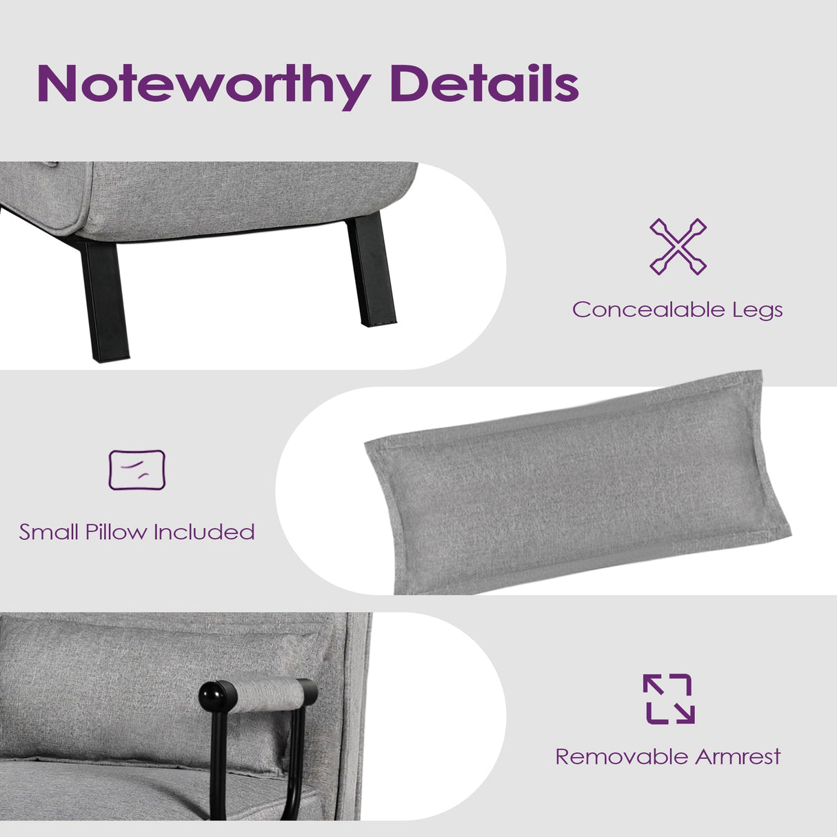 TYBOATLE Folding Chair Bed, Comfy Convertible Sleeper Sofa, 5 in 1 Folding Bed with 5-Position Adjustable Backrest & Pillow, Floor Single Chairs, Cozy Futon Chair for Small Spaces, Office (Light Grey) TYBOATLE