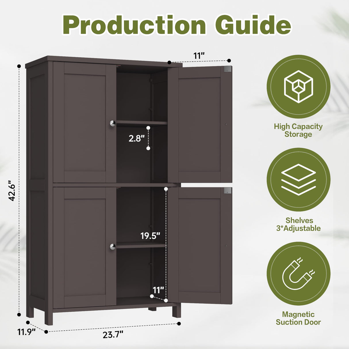 Nuturelly Bathroom Floor Storage Cabinet, Freestanding Pantry Cabinets with 4 Doors & 3 Adjustable Heights, Bathroom Organizers and Storage with Waterproof Board & Metal Handles for Kitchen, Brown Nuturelly