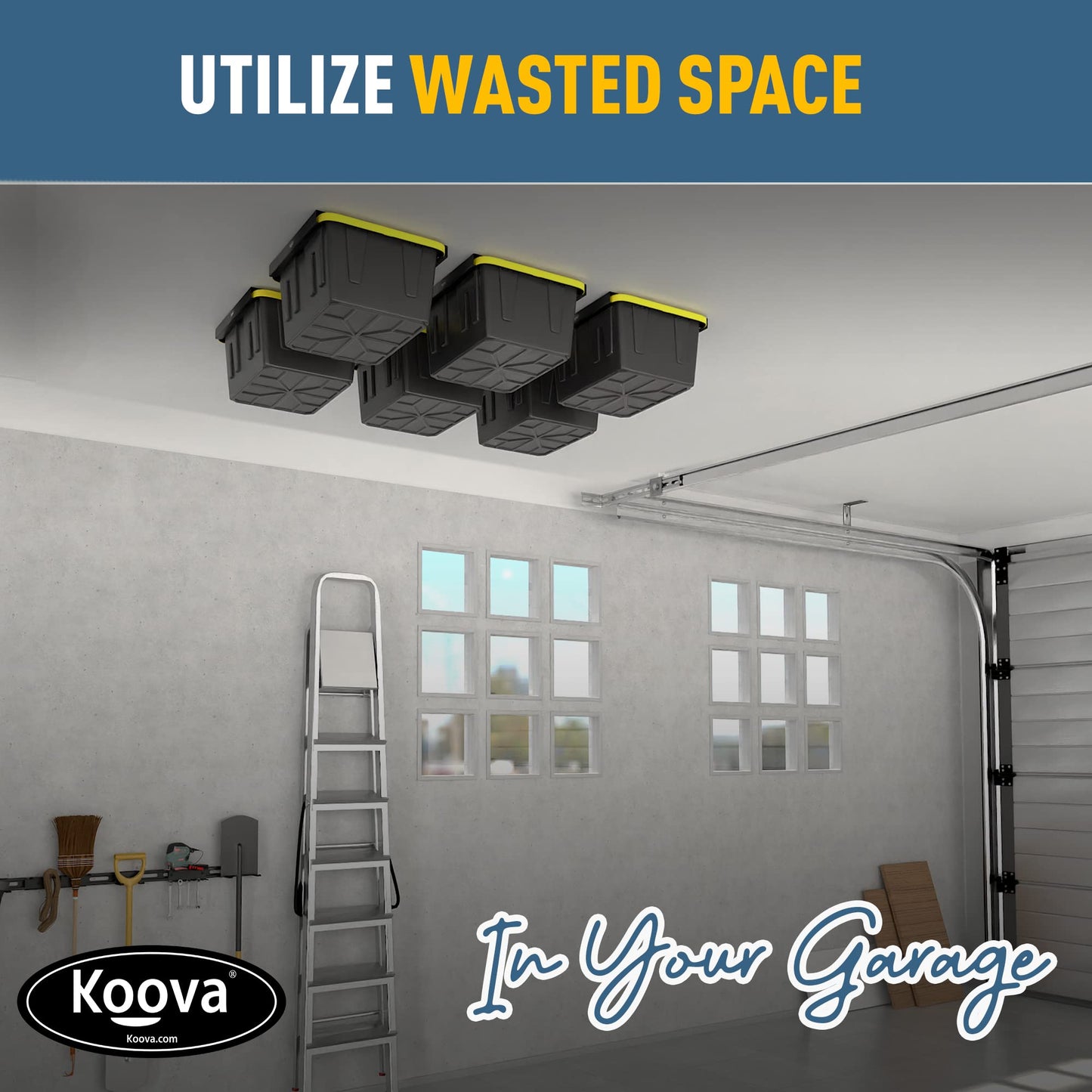 Koova Heavy-Duty Overhead Garage Storage Rack for 6 Bins. Adjustable Width, 240lb Capacity. DIY Safe Mount, Easy Install. Fits 27-Gallon Totes. USA Made Pro-Grade Steel. Space Saving Organizer