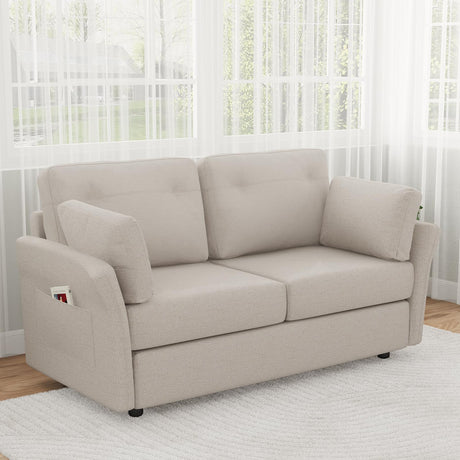 Novilla 57" Loveseat Sofa Small Couch for Living Room, Linen Fabric Upholstered Loveseat Sofa Couch, Small Loveseat Sofa with 2 Bolster Pillows for Apartment, Bedroom, Toolless Assembly,Oatmeal Novilla