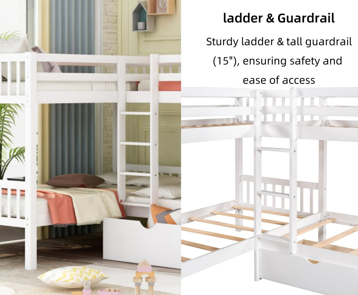 Merax Kids L-Shaped Bunk Bed Twin Over Twin with Drawers, Wood Low Floor Bunkbed Featuring Stairs Guardrail for Boys, Girls, Toddlers, No Box Spring Required, White Merax