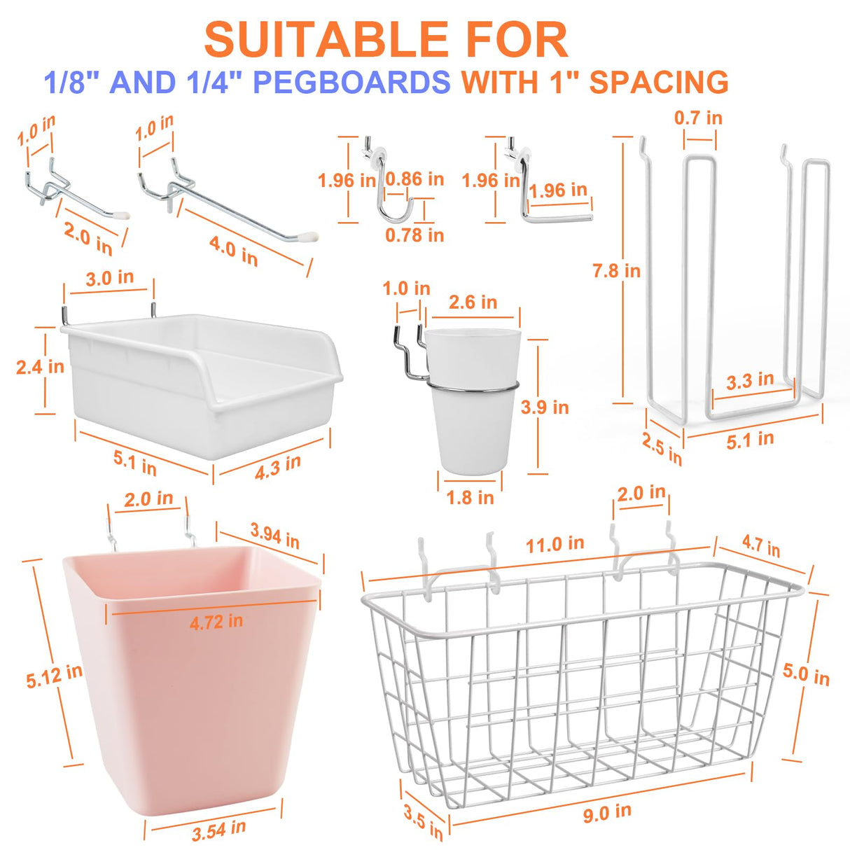 Pegboard Basket Organizers, Peg Board Large Baskets Hooks Bins Cups Tool Organizer 42 Pack Set, Wall Storage Display Hanging Accessories for Craft Office Stadio Shed Garage Organization (White & Pink) G.CORE