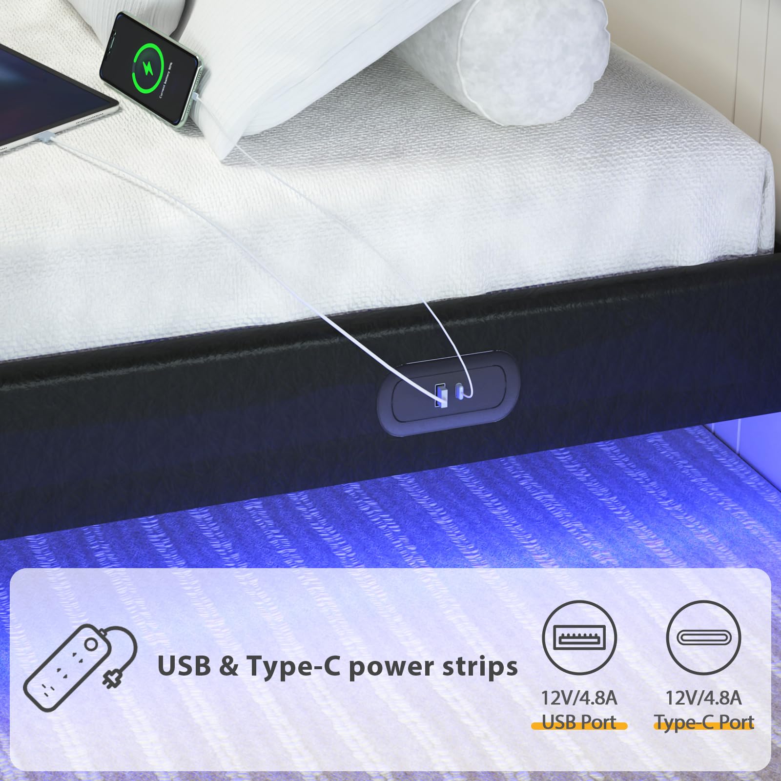 DYHOME Floating Queen Bed Frame with USB Charging Station & LED Lights - WoodArtSupply