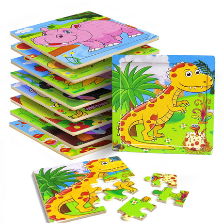 Puzzles for Kids Ages 3-5, 9 Pack Wooden Jigsaw Puzzles for Toddlers Ages 3-5 16 Pieces Preschool Educational Learning Toys Set Animals Puzzles for 3 4 5 Years Old Boys and Girls Runlycan