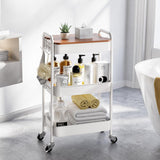TOOLF 3-Tier Rolling Cart with Table Top, Metal Storage Cart on Wheels, Utility Organizer with Wooden Tray, Lockable Casters, Easy Assembly for Bathroom, Living Room, Office, Kitchen, White TOOLF
