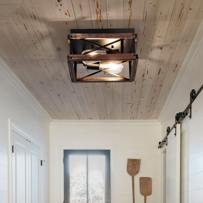 Mayful Flush Mount Light Fixture, 2-Light Rustic Ceiling Light Combine with Metal and Wood Frame, Farmhouse Ceiling Light for Kitchen Hallway Entryway Bedroom Porch Living Room