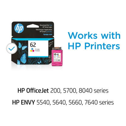 HP 62 Tri-color Ink Cartridge | Works with HP ENVY 5540, 5640, 5660, 7640 Series, HP OfficeJet 5740, 8040 Series, HP OfficeJet Mobile 200, 250 Series | Eligible for Instant Ink | C2P06AN