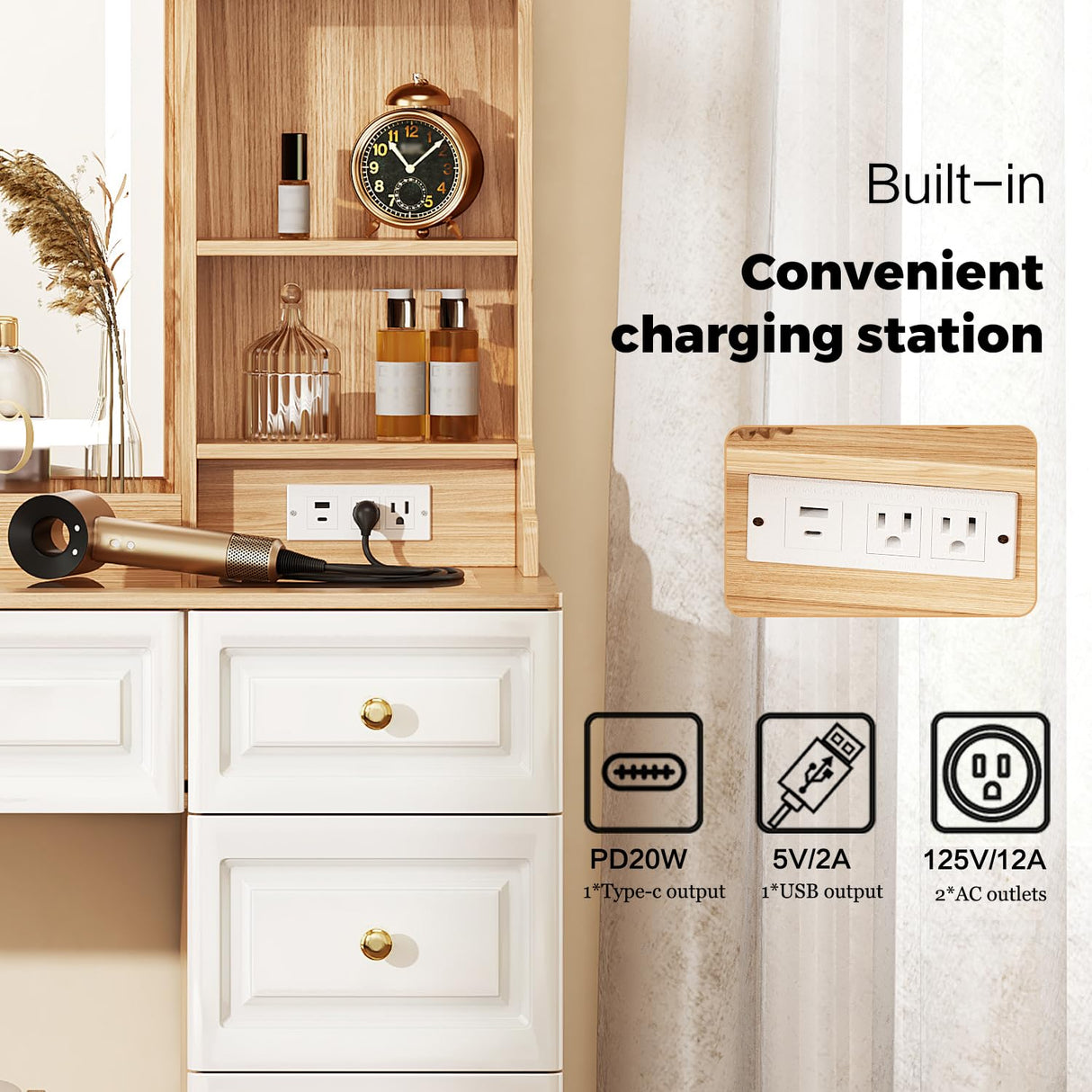 43" Makeup Vanity Desk with Mirror and Lights, & Power Outl, Glass Top Big Vanity Table with 9 Drawers& 8 Storage Shelves, Dressing Table Set with Chair for Bedroom, White+Oak Arulvmrn