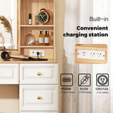 43" Makeup Vanity Desk with Mirror and Lights, & Power Outl, Glass Top Big Vanity Table with 9 Drawers& 8 Storage Shelves, Dressing Table Set with Chair for Bedroom, White+Oak Arulvmrn