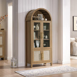 71" Tall Arched Display Cabinet, 5-Tier Bookshelf Modern Farmhouse Arched Bookcase with Glass Doors and Shelves, Wooden Pantry Storage Cabinet for Living Room, Office and Kitchen, Caramel Oak WINWY