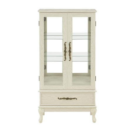 Zenvya Curio Cabinet Lighted Glass Cabinet Glass Wine Cabinet Curio Display Cabinet with Adjustable Glass Shelves 2 Doors and 1 Drawer Cabinet Sideboard with Bulb Included (Antique White) Zenvya