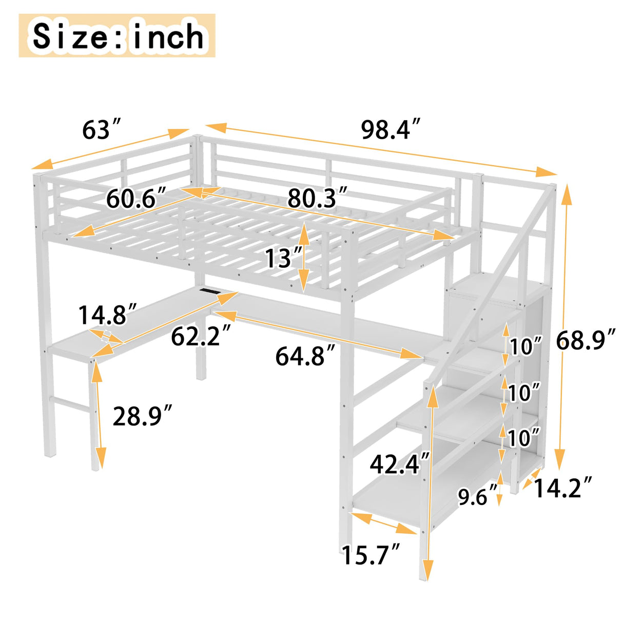 Bellemave Queen Loft Bed with Desk & Wardrobe, Heavy Duty Metal Loft Beds with Storage Stairs, LED Loft Bed Queen Size with Charging Station & Safety Guardrails, No Box Spring Needed, White Bellemave