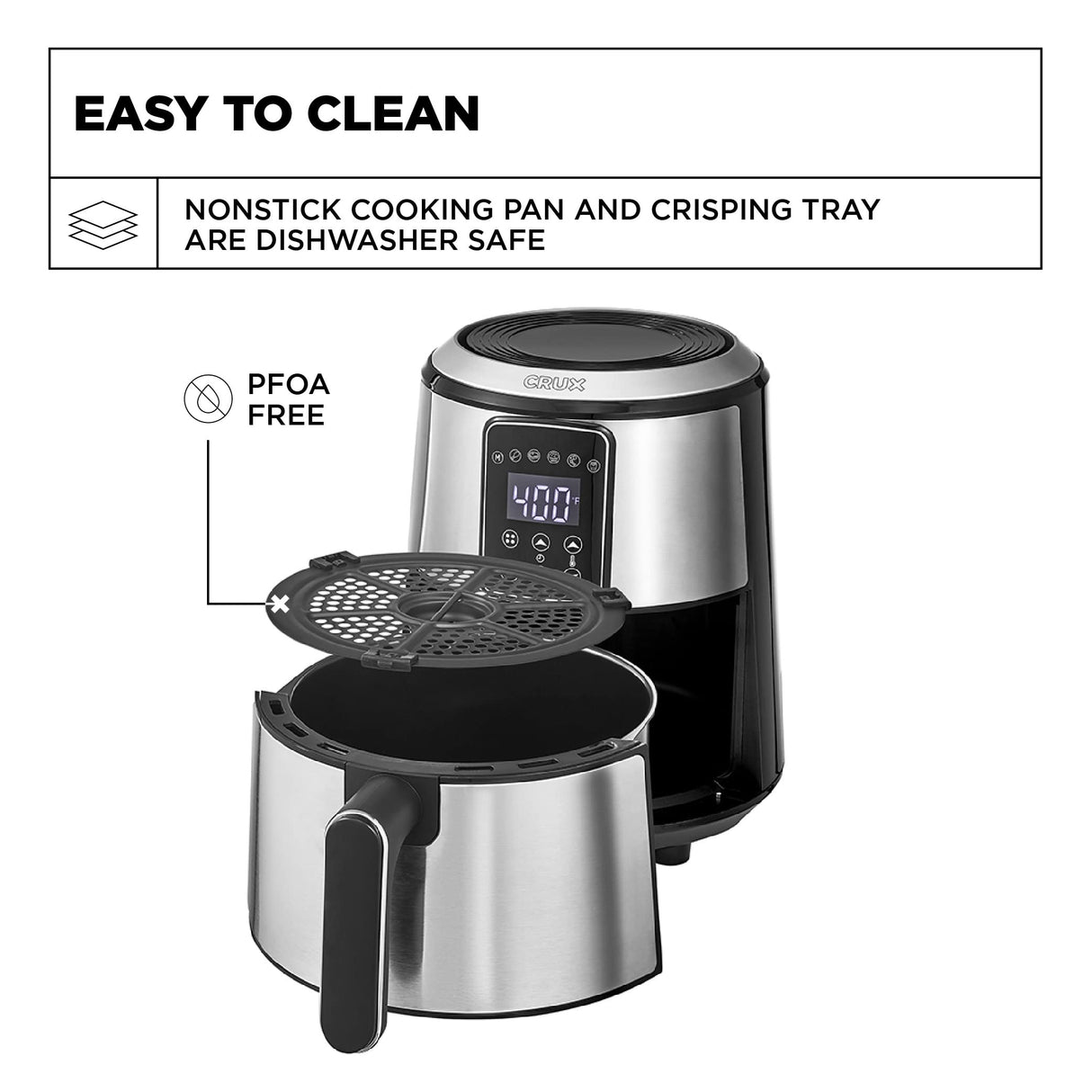 Crux 3QT Digital Air Fryer, Faster Pre-Heat, No-Oil Frying, Fast Healthy Evenly Cooked Meal Every Time, Dishwasher Safe Non Stick Pan and Crisping Tray for Easy Clean Up, Stainless Steel Crux