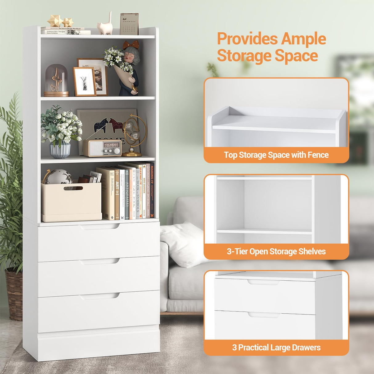 Hasuit Tall Bookshelf with Drawers Bookcase with 3 Drawers and 3-Tier Open Shelves Tall White bookshelf with Anti-Tipping Kits Wood bookshelf with Storage for Study Living Room Kitchen Bathroom, White Hasuit