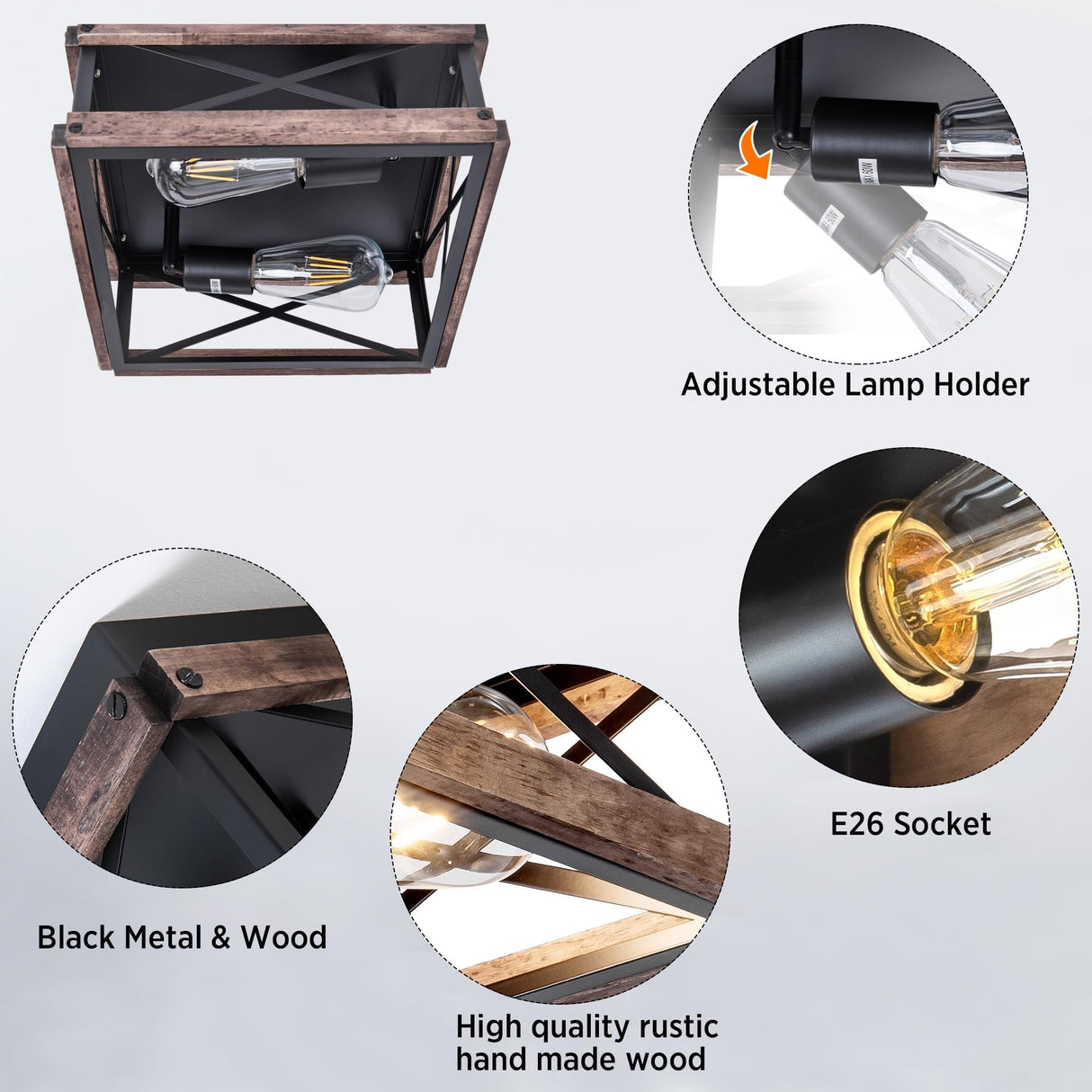 MAYNA 2-Light Industrial Ceiling Light Fixtures, Farmhouse Flush Mount Ceiling Light, Metal and Wood Square Dining Room Light Fixture for Hallway Bedroom Balcony Farmhouse,Black MAYNA