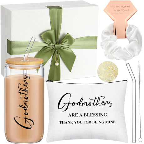 Skylety Godmother Proposal Gifts Set 16 oz Coffee Glass Godmother Cosmetic Bag White Hair Scrunchies,Gift Box, Christmas Gifts for Godmother, Christmas Wedding Holiday Appreciated Gift Skylety
