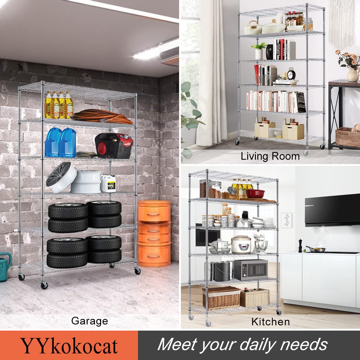 YYkokocat 6-Tier Adjustable Storage Shelves Heavy Duty Wire Shelving Unit with Wheels 2100Lb Metal Layer Rack Shelf NSF Shelving for Closet Kitchen Garage, 82" H x 48" L x 18" D - Chrome YYkokocat