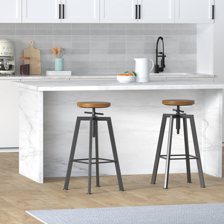 VILAVITA Vintage Adjustable Bar Stools Set of 2, Height Ranges from 24.8 to 30.8 inch, Natural Wood Seat and Heavy Metal Frame Rustic Industrial Swivel Bar Stools VILAVITA
