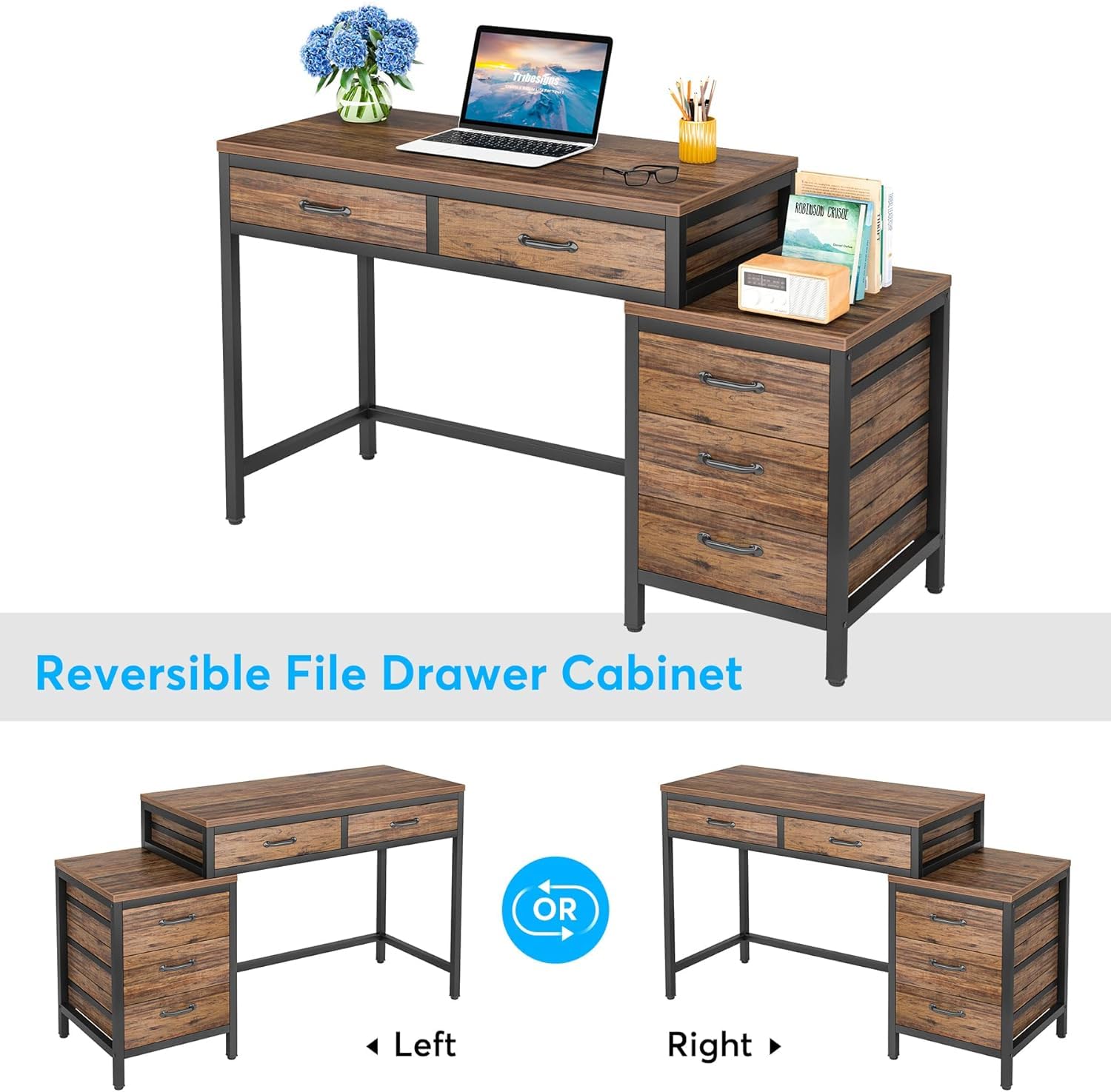 Tribesigns Computer Desk with 5 Drawers, Home Office Desks with Reversible Drawer Cabinet Printer Stand, Industrial PC Desk with Storage, Rustic Study Writing Table Workstation for Small Spac - WoodArtSupply