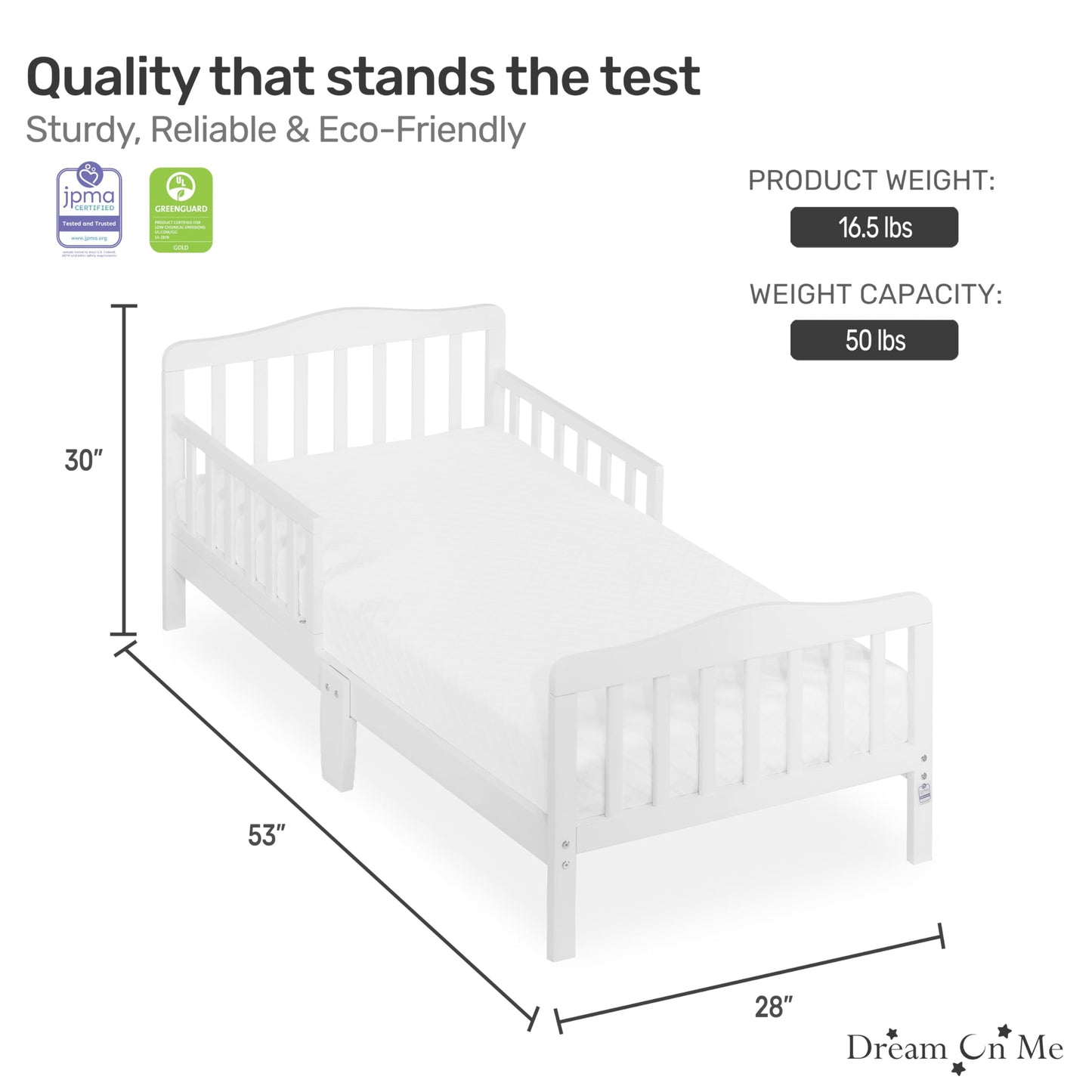 Dream On Me Classic Design Toddler Bed In White, Greenguard Gold And JPMA Certified, Low To Floor Design, Two Side Safety rails, Non-Toxic Finishes, Wooden Nursery Furniture